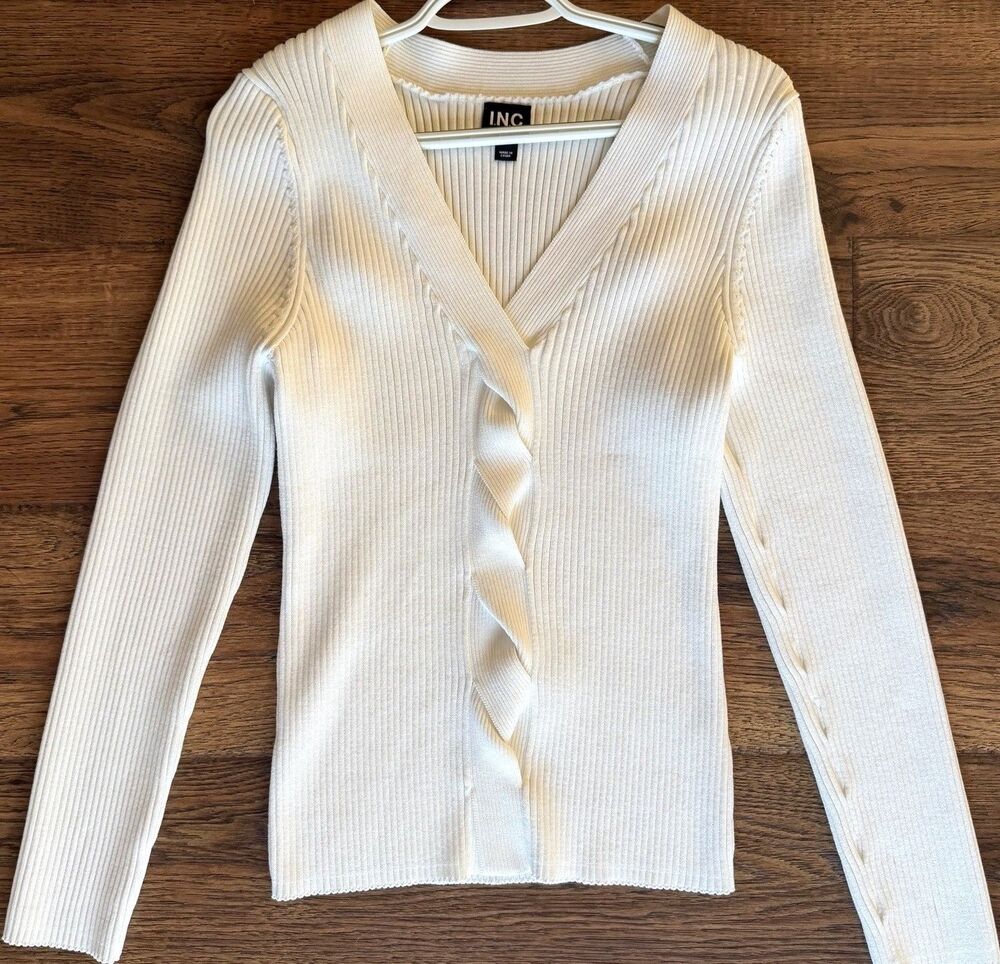 I.N.C. Womens XXL Ivory Ribbed Ruffle V Neck Long Sleeve Fitted Sweater